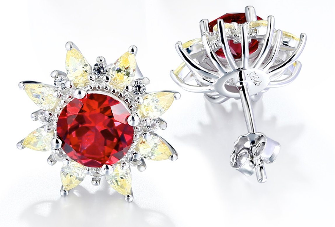 Ruby Sterling Silver Stud øredobber for kvinner Fine smykker Ruby Yellow Zircon romantisk stil